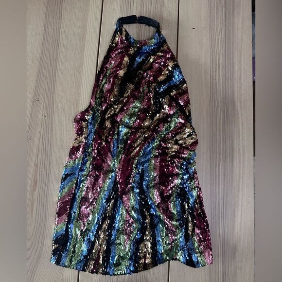 Revolve Ronny Kobo Jo Gold Multicolor Sequin halter cocktail mini dress - 12 NWT - Picture 6 of 10